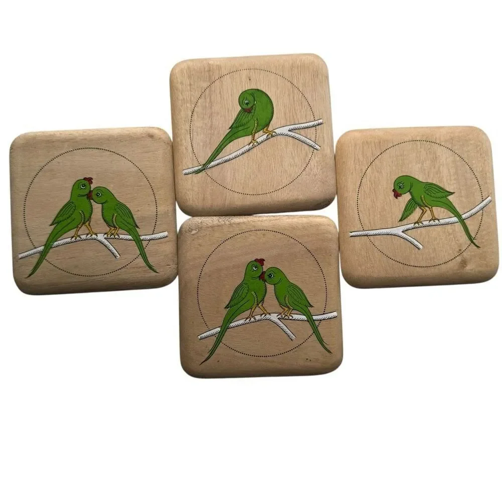 Hand Painted Folk Art Tropical Bird Wooden Coasters